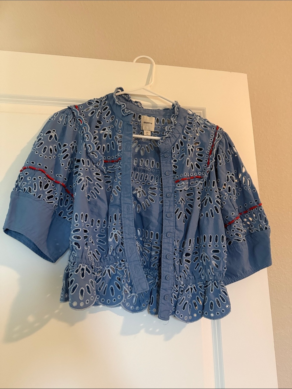 Maeve Blue Eyelet Cropped Jacket with Red Trim
